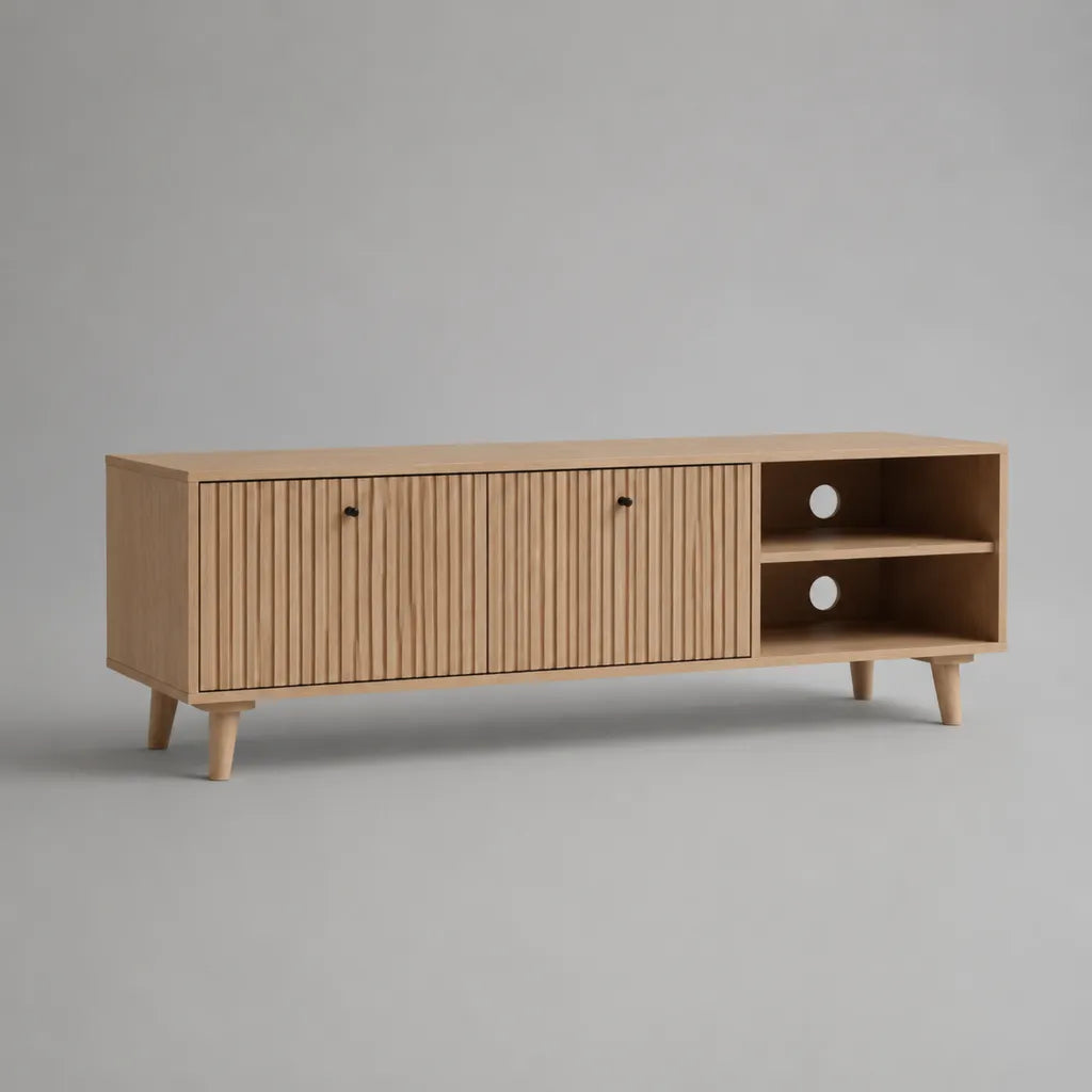 TV-Lowboard aus MDF mit Eichenfurnier und Lamellenfront, Natur und Schwarz, 160 × 40 × 60 cm