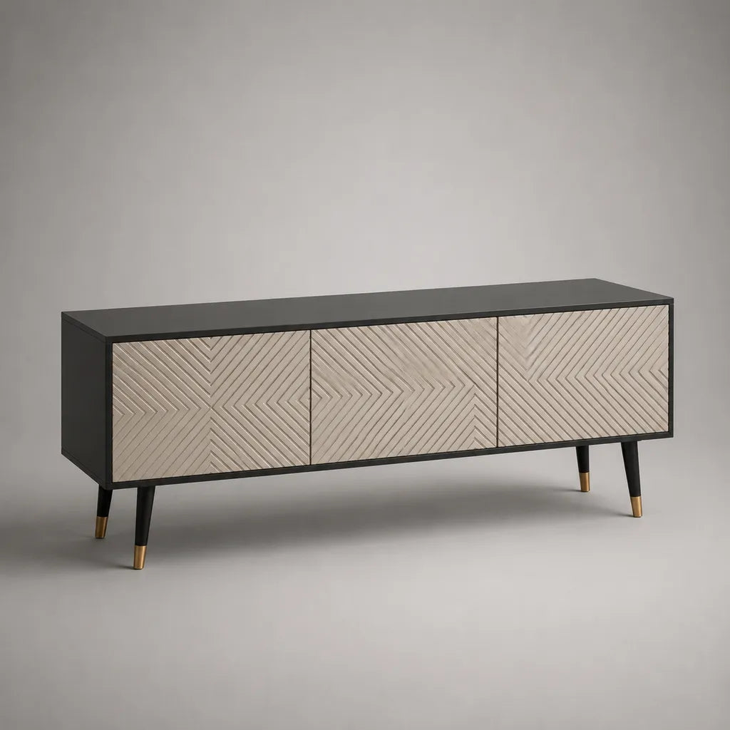 TV-Lowboard mit 3 Türen aus MDF und Holz, Schwarz/Naturfarben/Messingfarben, 160 × 40 × 70 cm