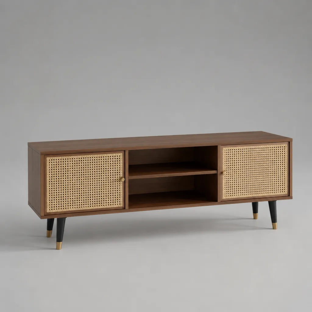 TV-Lowboard aus MDF mit Walnussfurnier und Rattangeflecht, 2 Türen und 2 offene Fächer, Braun/Naturfarben, 140 × 40 × 60 cm