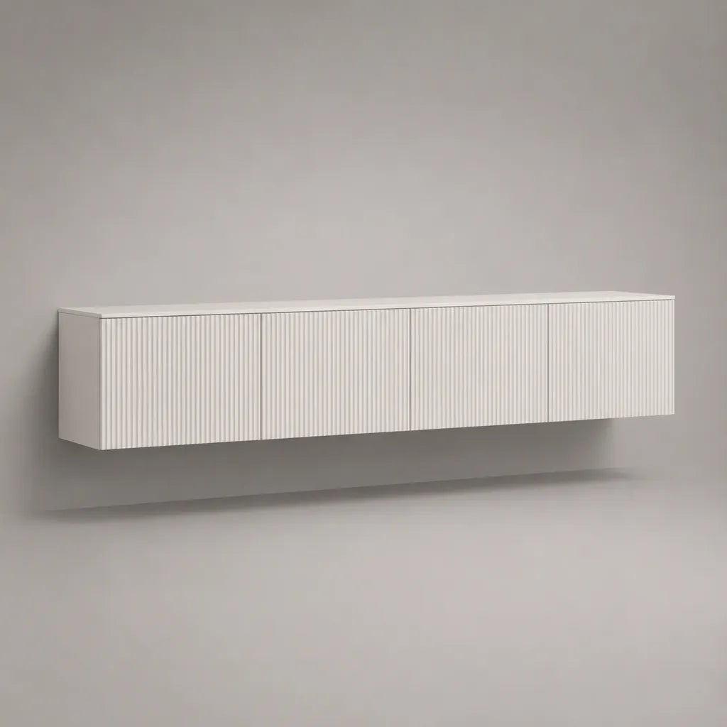 Hängendes TV-Lowboard aus MDF und Spanplatte mit Lamellenfront, Weiß, 200 × 40 × 35 cm