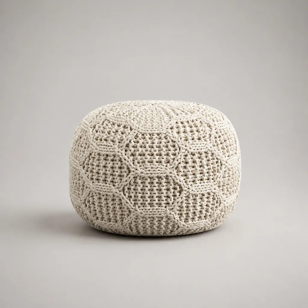 Runder Fußhocker-Pouf aus Baumwoll-Strick, cremeweiß, Ø 50 × H 35 cm