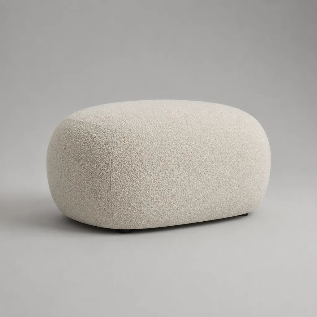 Fußhocker Ottomane mit Polyester-Bouclébezug, abgerundete Form, Cremeweiß mit schwarzen Füßen, 80 × 60 × 45 cm