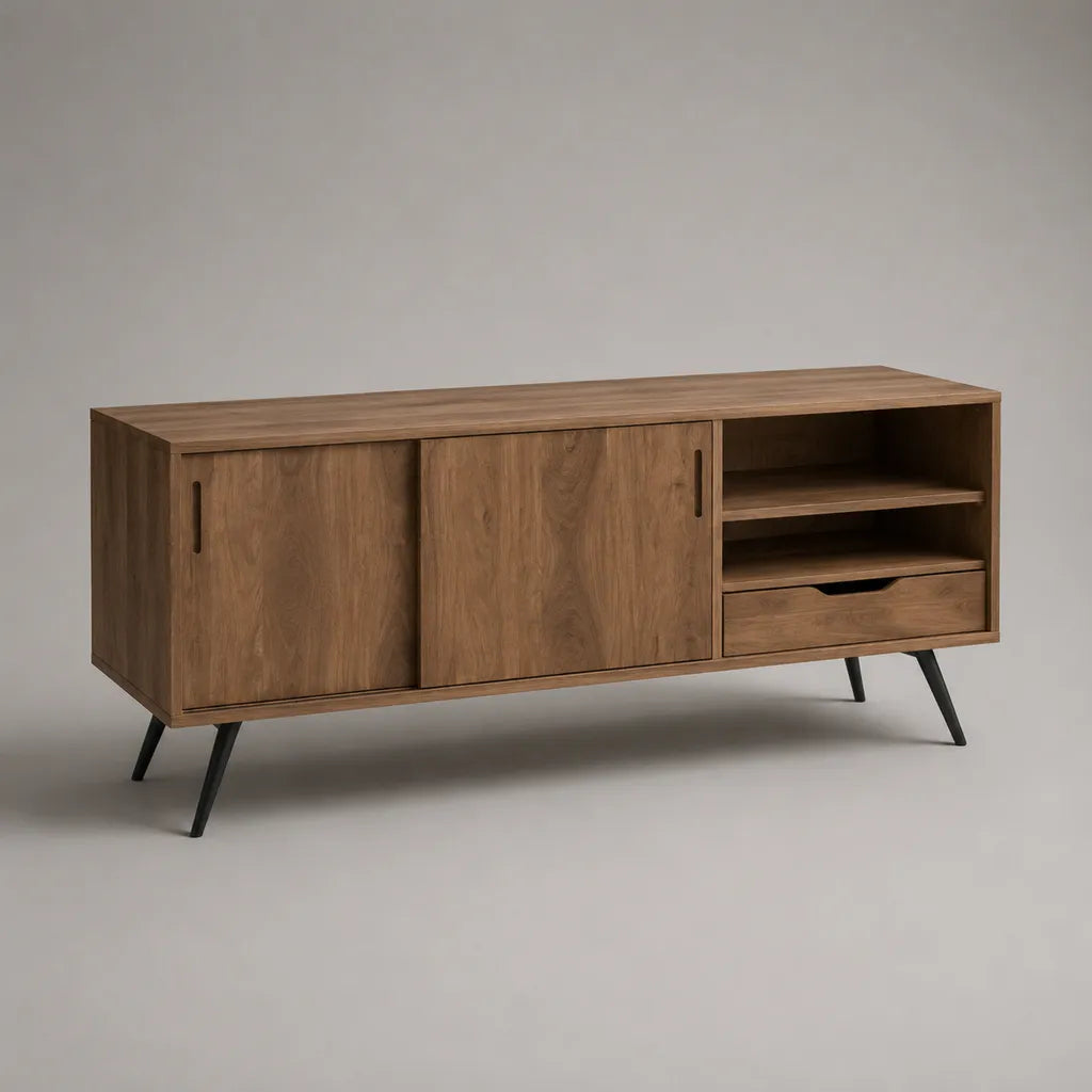TV-Lowboard aus massivem Mangoholz mit 2 Schiebetüren, Schublade, Ablagefächern und Stahlbeinen, Braun/Schwarz, 150 × 40 × 70 cm