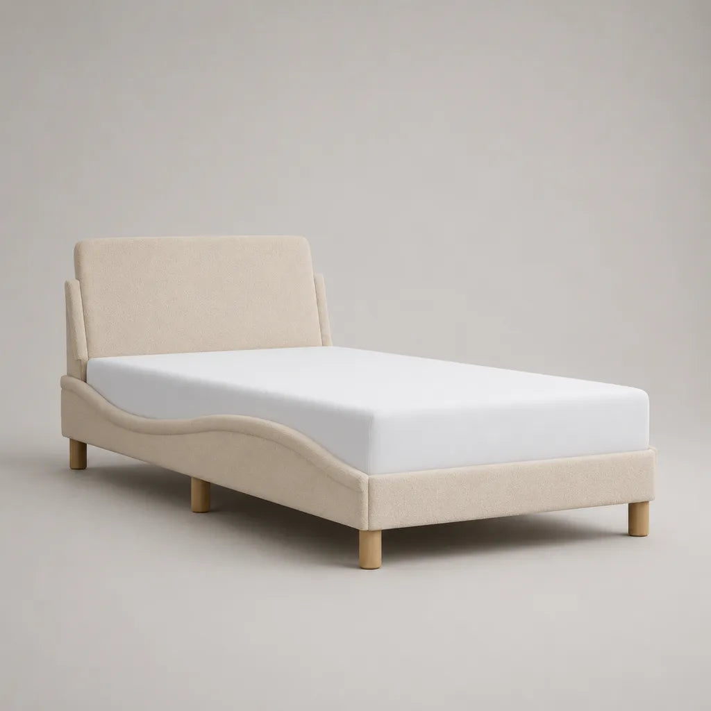 Polsterbett 140 x 200 cm aus Polyester-Bouclé mit Kopfteil und Lattenrost, Beige/Natur