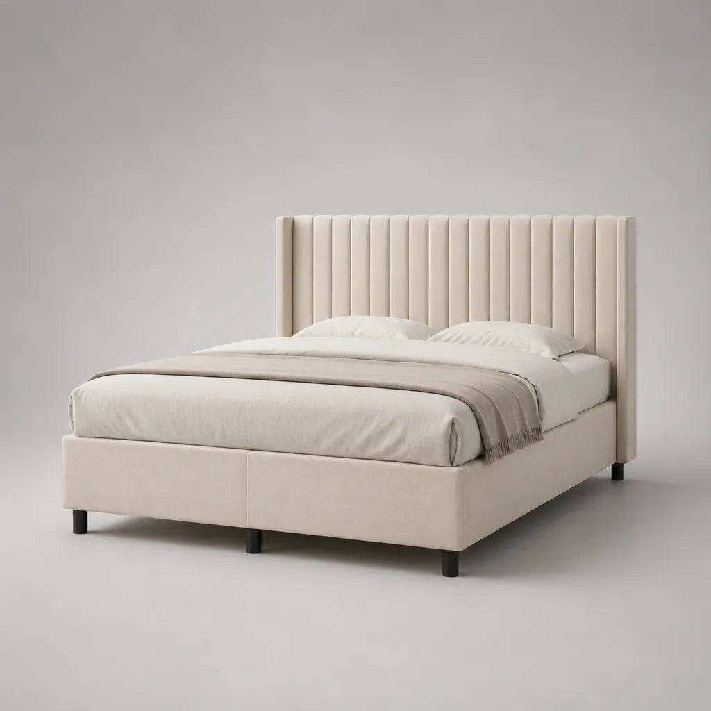 Beiges Polsterbett aus Holz und Metall 160 × 200 cm mit Lattenrost und Polyesterbezug