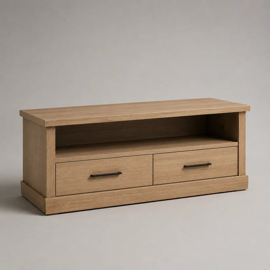 TV-Lowboard aus MDF und Spanplatte mit Eichenfurnier, 2 Schubladen, 1 offenes Fach, Eiche Natur/Schwarz, 120 × 40 × 60 cm