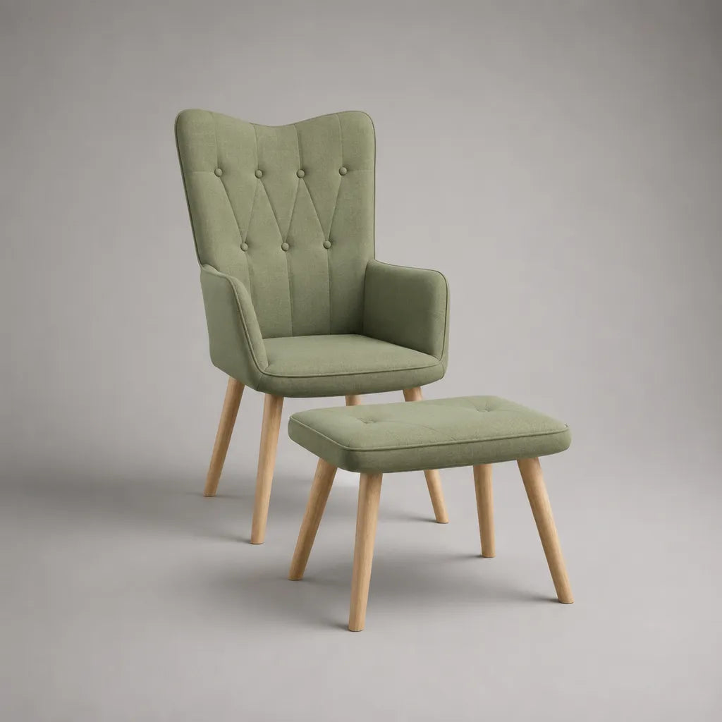 2-teiliger Ohrensessel mit Fußhocker, Polyesterbezug und Massivholzbeinen, Salbeigrün/Naturfarben, Sessel 72 × 78 × 103 cm, Hocker 60 × 45 × 42 cm