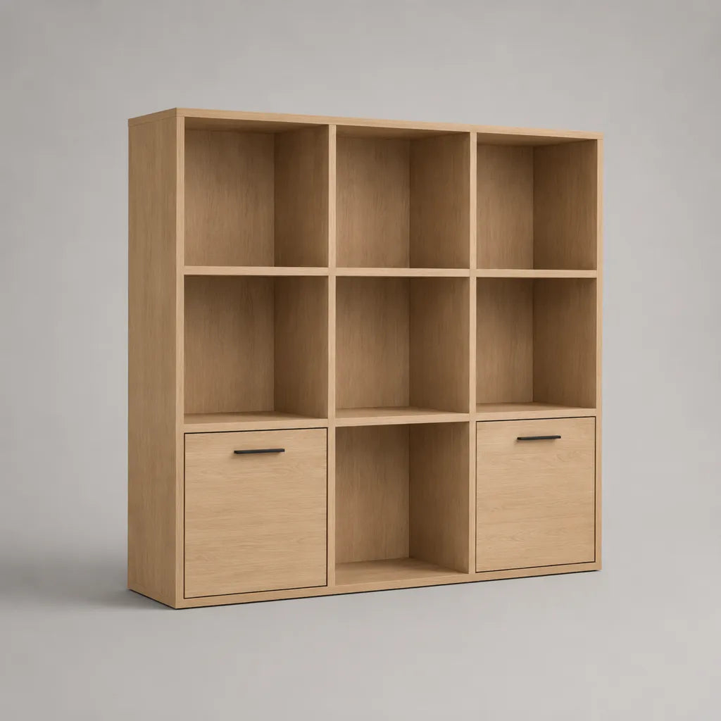 Bücherregal aus Spanplatte mit 9 Fächern und 2 Türen, Eichefarben/Schwarz, 120 × 30 × 120 cm
