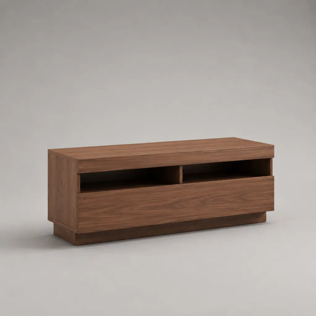 TV-Lowboard aus Spanplatte mit Walnussfurnier, 1 Schublade und 2 offenen Fächern, Walnussbraun, 120 × 40 × 55 cm