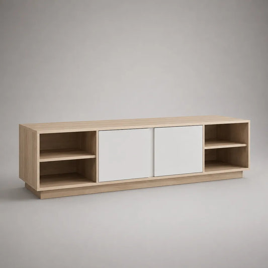 TV-Lowboard aus Spanplatte und MDF mit 2 Schiebetüren und 4 offenen Fächern, Eichefarben/Weiß, 160 × 40 × 55 cm