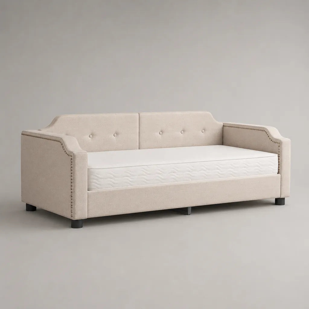 Tagesbett Polsterbett aus Polyester und Kiefernholz mit Matratze, Beige, Liegefläche 90 × 200 cm, Gesamtmaß 218 × 101 × 89 cm