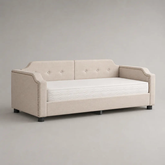 Tagesbett Polsterbett aus Polyester und Kiefernholz mit Matratze, Beige, Liegefläche 90 × 200 cm, Gesamtmaß 218 × 101 × 89 cm