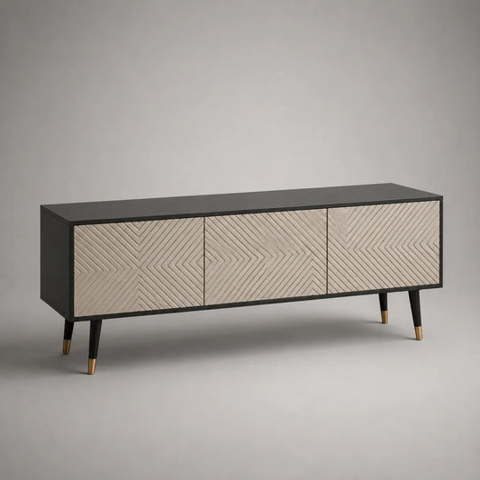 TV-Lowboard mit 3 Türen aus MDF und Holz, Schwarz/Naturfarben/Messingfarben, 160 × 40 × 70 cm