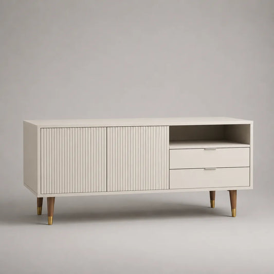 TV-Lowboard aus MDF und Massivbuche mit 2 Türen, 2 Schubladen und offenem Fach, Cremeweiß/Walnussbraun, 160 × 40 × 75 cm