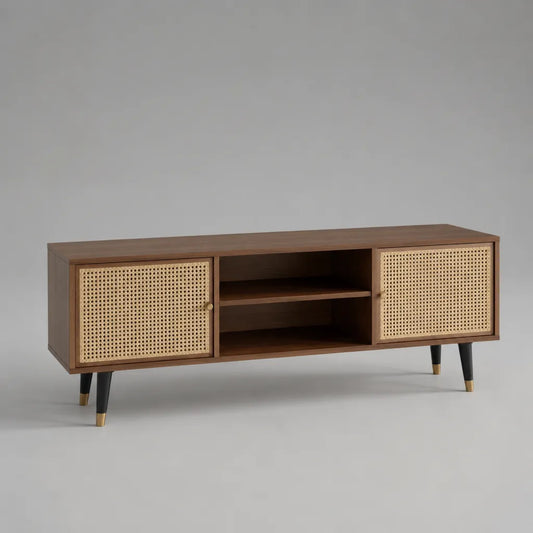 TV-Lowboard aus MDF mit Walnussfurnier und Rattangeflecht, 2 Türen und 2 offene Fächer, Braun/Naturfarben, 140 × 40 × 60 cm