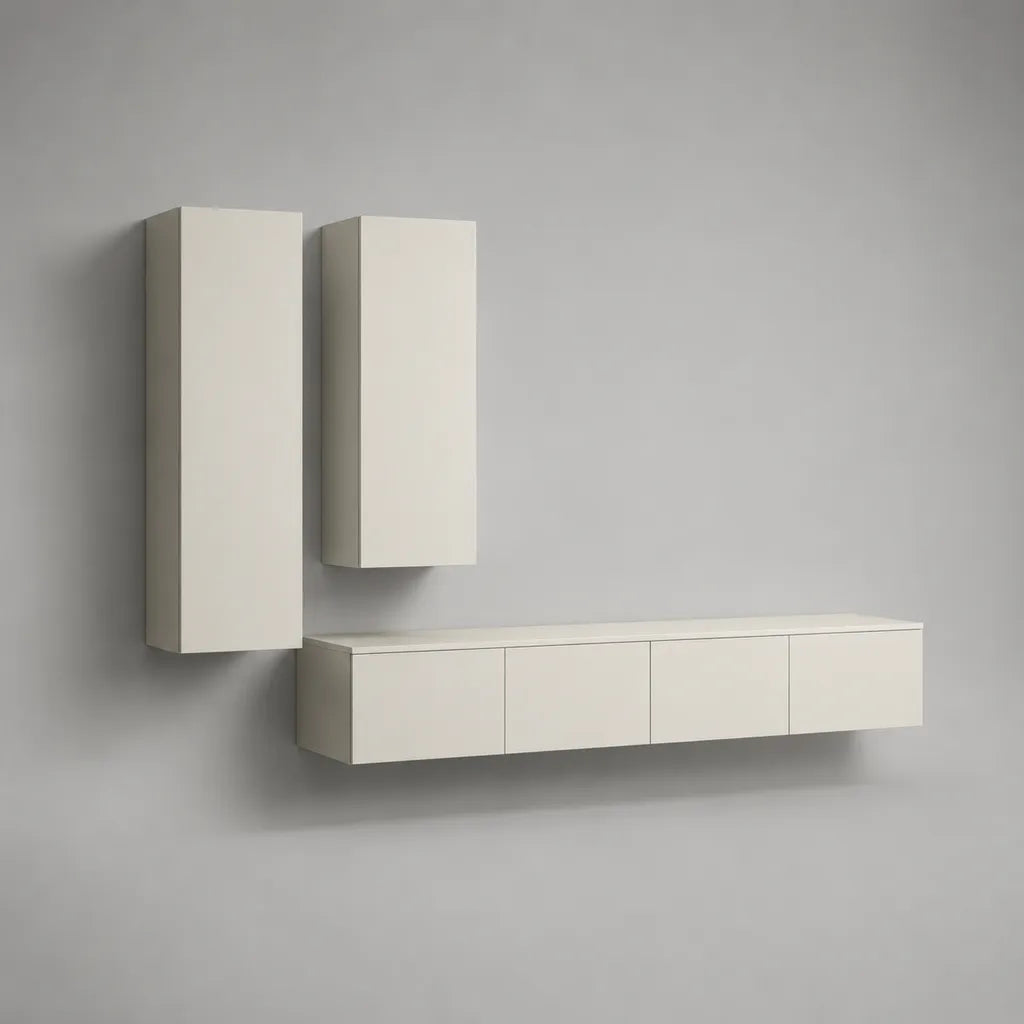 3-teilige TV-Wand aus MDF, Cremeweiß matt, Lowboard 180 × 40 × 40 cm, Hängeschränke 45 × 35 × 140 cm und 45 × 35 × 100 cm
