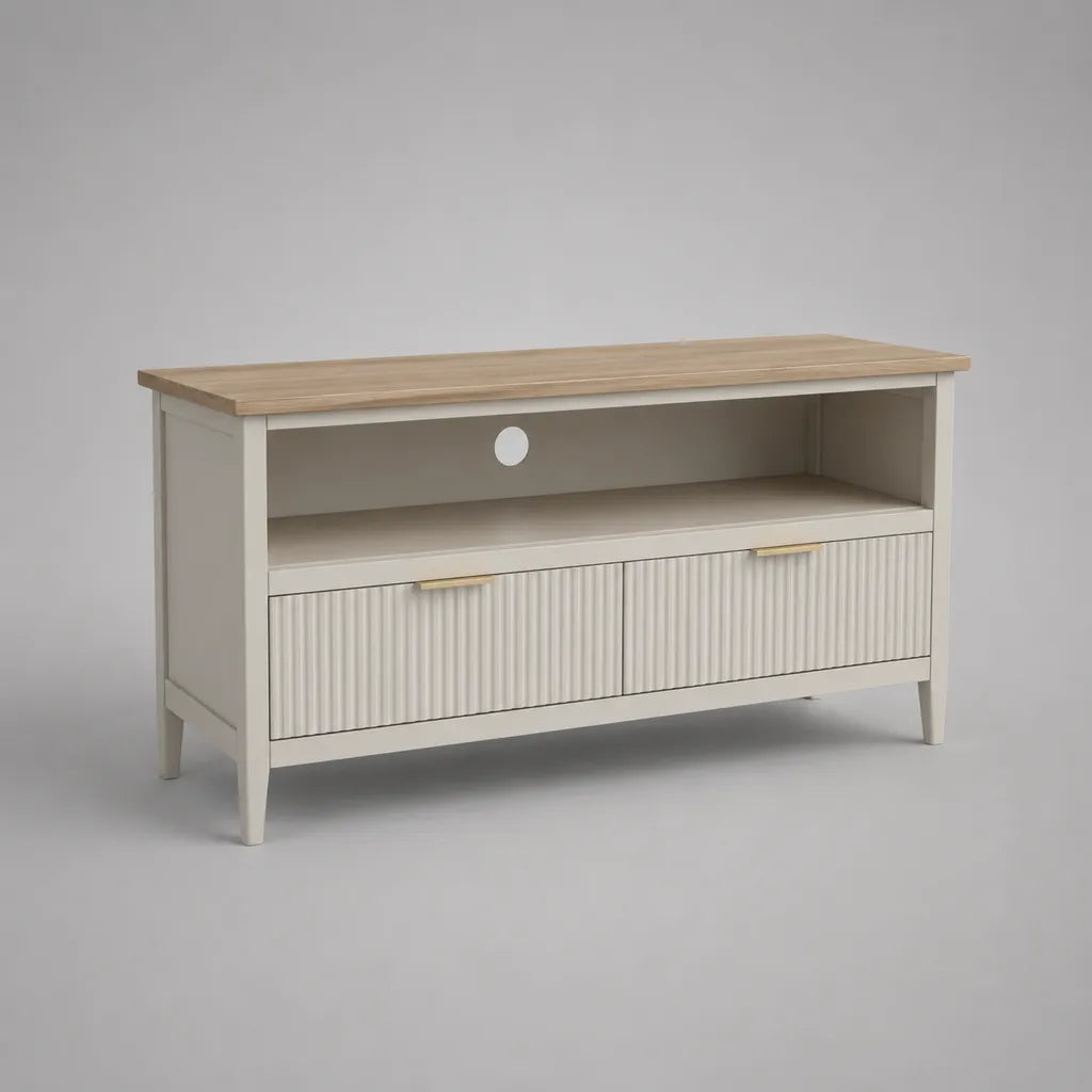 TV-Lowboard aus MDF und Spanplatte mit 2 Schubladen, offenem Fach und Kabeldurchlass, Cremeweiß/Eiche Natur, 120 × 40 × 70 cm