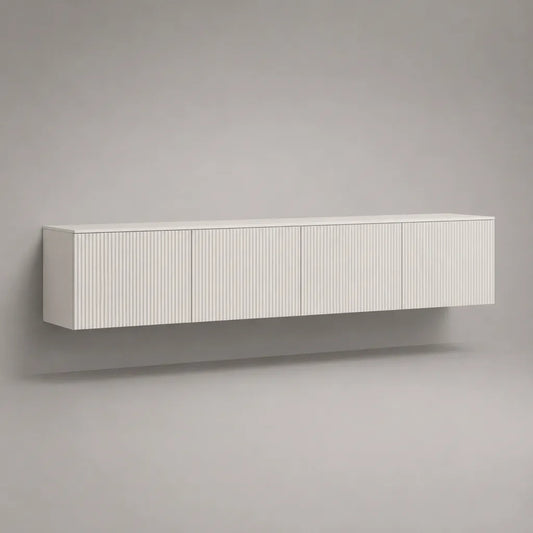 Hängendes TV-Lowboard aus MDF und Spanplatte mit Lamellenfront, Weiß, 200 × 40 × 35 cm