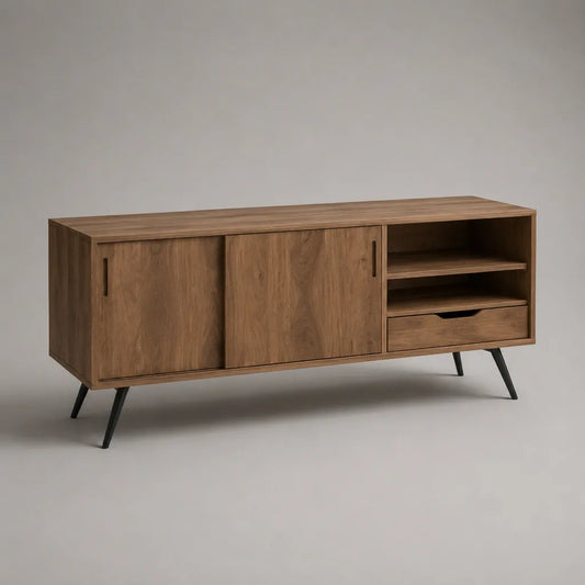 TV-Lowboard aus massivem Mangoholz mit 2 Schiebetüren, Schublade, Ablagefächern und Stahlbeinen, Braun/Schwarz, 150 × 40 × 70 cm