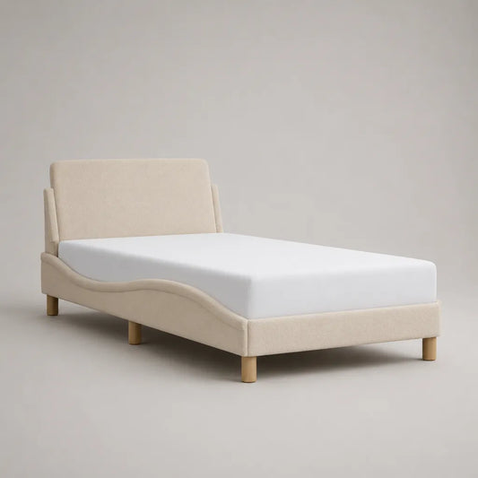 Polsterbett 140 x 200 cm aus Polyester-Bouclé mit Kopfteil und Lattenrost, Beige/Natur