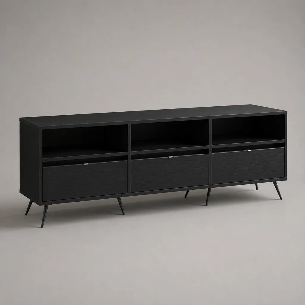 TV-Lowboard aus Spanplatte und Stahl mit 3 offenen Fächern und 3 Klappen, Schwarz, 180 × 40 × 70 cm