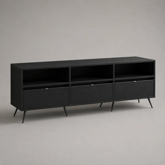 TV-Lowboard aus Spanplatte und Stahl mit 3 offenen Fächern und 3 Klappen, Schwarz, 180 × 40 × 70 cm