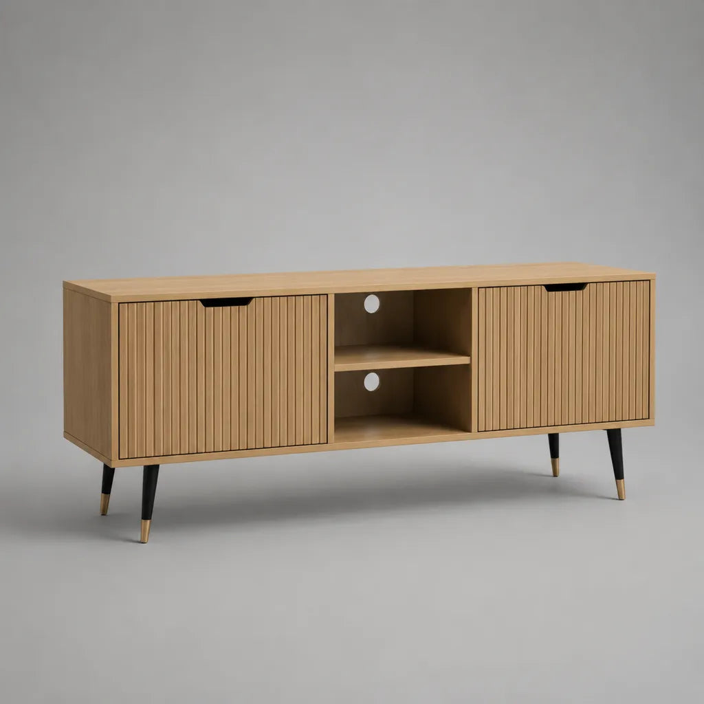 TV-Lowboard aus Spanplatte und MDF mit 2 Türen und 2 offenen Fächern, Naturfarben, Schwarz und Messingfarben, 160 × 40 × 65 cm