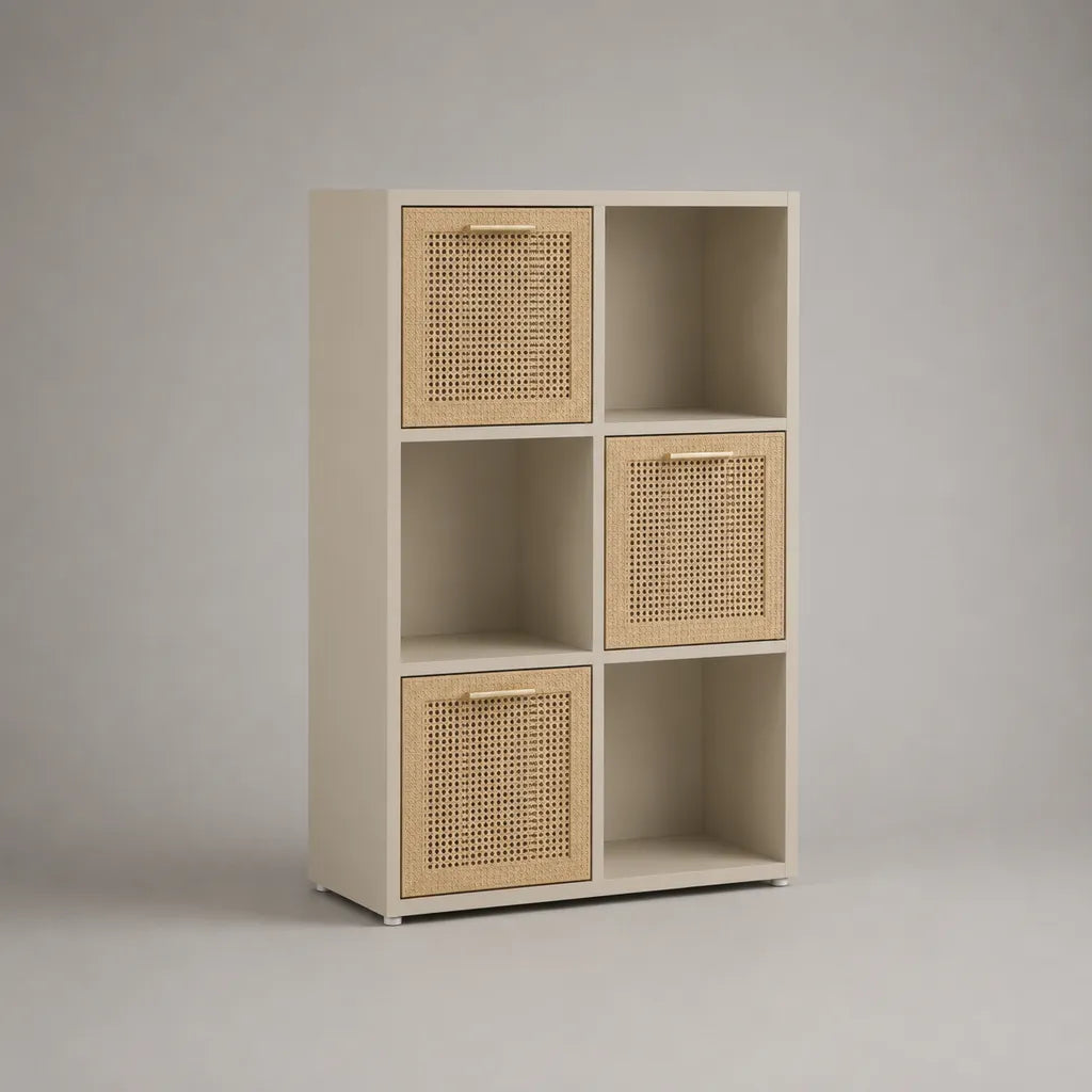 Bücherregal mit 6 Fächern und 3 Türen aus MDF und Rattangeflecht, Beige/Natur, 80 × 30 × 120 cm